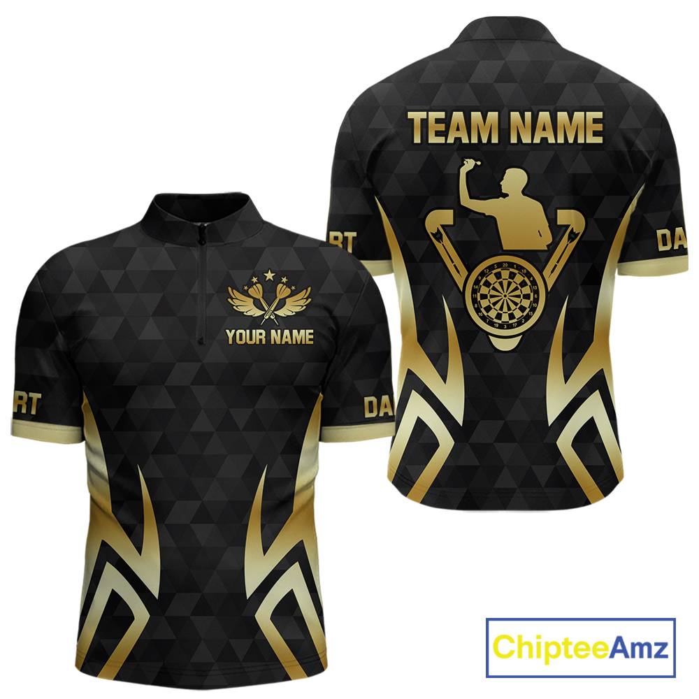 Black & Gold Human Play Dartboard Men Dart Shirts Custom Darts 1/4-Zip Team Jersey NYN2449