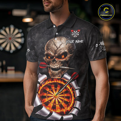 Custom Smoke Grunge Skull Torn Fire Flame Darts Polo & Quarter-Zip Shirts For Men Dart Team Jerseys NYN2822