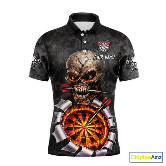 Custom Smoke Grunge Skull Torn Fire Flame Darts Polo & Quarter-Zip Shirts For Men Dart Team Jerseys NYN2822