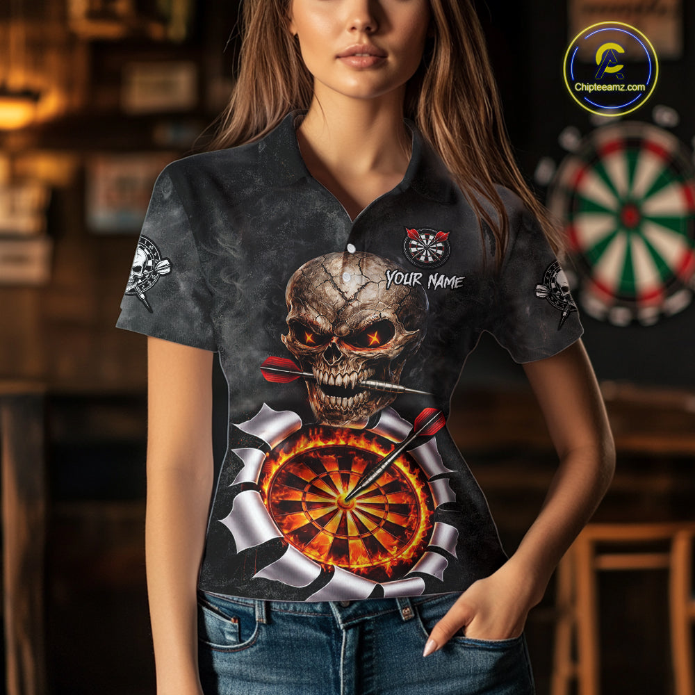Custom Smoke Grunge Skull Torn Fire Flame Darts Polo & Quarter-Zip Shirts For Women Dart Team Jerseys NYN2822