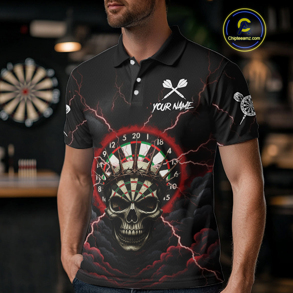 Custom Lightning Red Smokes Skull Dartboard Men Darts Polo Shirt Skull Dart Jerseys NYN1916