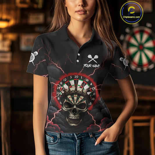 Custom Lightning Red Smokes Skull Dartboard Women Darts Polo Shirt Skull Dart Jerseys NYN1916
