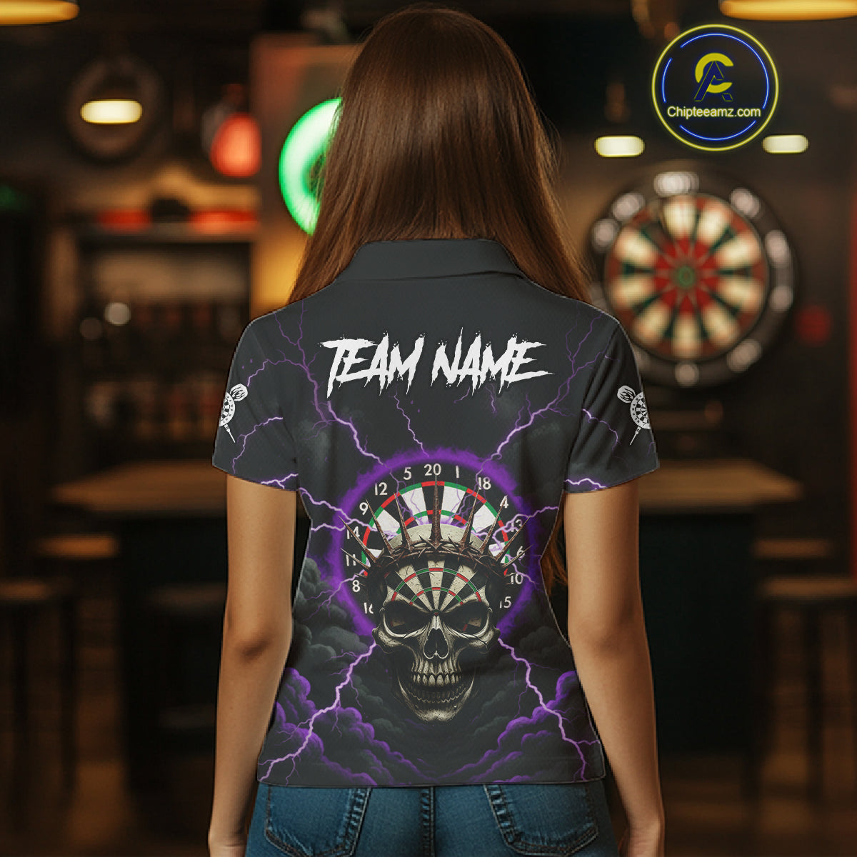 Custom Lightning Purple Smokes Skull Dartboard Women Darts Polo Shirt Skull Dart Jerseys NYN1918