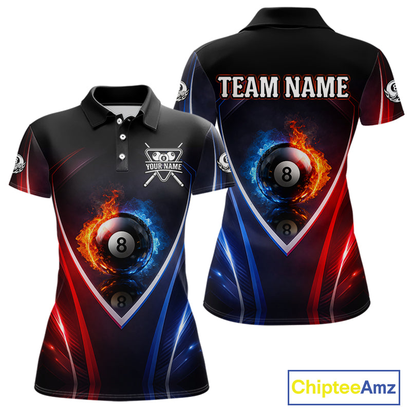 Blue And Red Flames 8 Ball Pool Women Polo & 1/4-Zip Team Shirts Custom Billiards Ball Apparel NYN2457