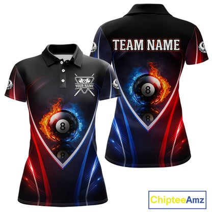 Blue And Red Flames 8 Ball Pool Women Polo & 1/4-Zip Team Shirts Custom Billiards Ball Apparel NYN2457