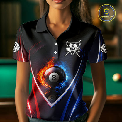 Blue And Red Flames 8 Ball Pool Women Polo & 1/4-Zip Team Shirts Custom Billiards Ball Apparel NYN2457