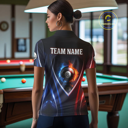 Blue And Red Flames 8 Ball Pool Women Polo & 1/4-Zip Team Shirts Custom Billiards Ball Apparel NYN2457