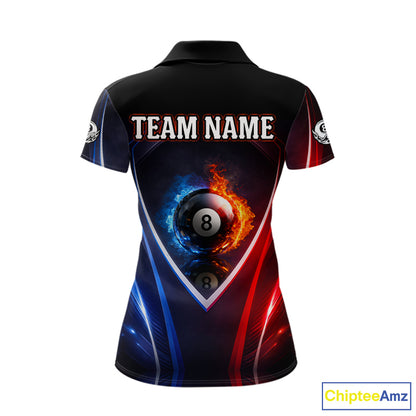 Blue And Red Flames 8 Ball Pool Women Polo & 1/4-Zip Team Shirts Custom Billiards Ball Apparel NYN2457