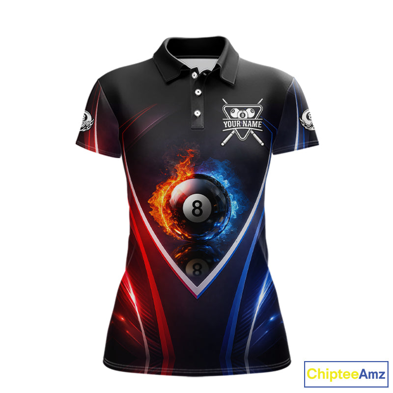 Blue And Red Flames 8 Ball Pool Women Polo & 1/4-Zip Team Shirts Custom Billiards Ball Apparel NYN2457