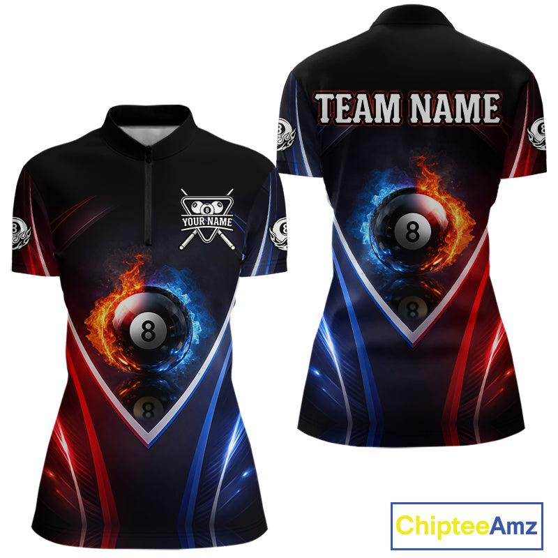 Blue And Red Flames 8 Ball Pool Women Polo & 1/4-Zip Team Shirts Custom Billiards Ball Apparel NYN2457