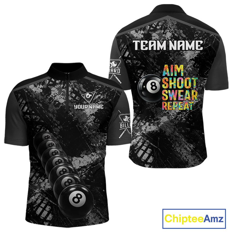 Aim Shoot Swear Repeat Ball Pool Men Polo & 1/4-Zip Team Shirt Custom 8 Ball Billiards Apparel NYN2466