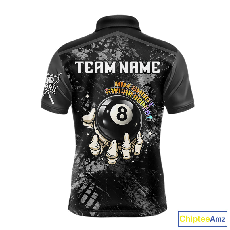 Aim Shoot Swear Repeat Holding 8 Ball Pool Men Billiard Team Shirt Custom Ball Billiards Apparel NYN2467