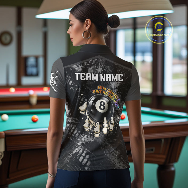 Aim Shoot Swear Repeat Holding 8 Ball Pool Women Billiard Team Shirt Custom Ball Billiards Apparel NYN2467