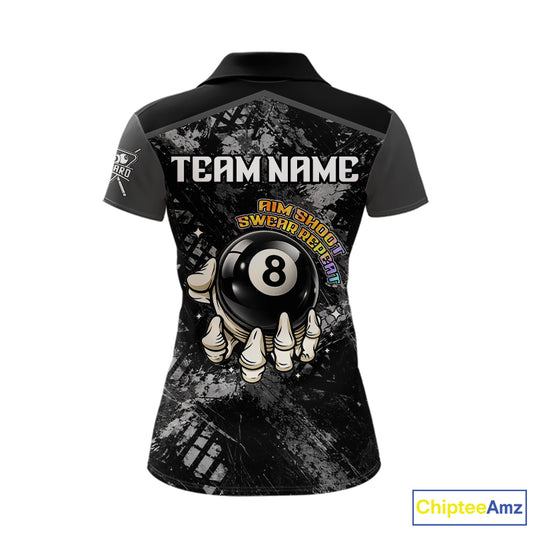 Aim Shoot Swear Repeat Holding 8 Ball Pool Women Billiard Team Shirt Custom Ball Billiards Apparel NYN2467