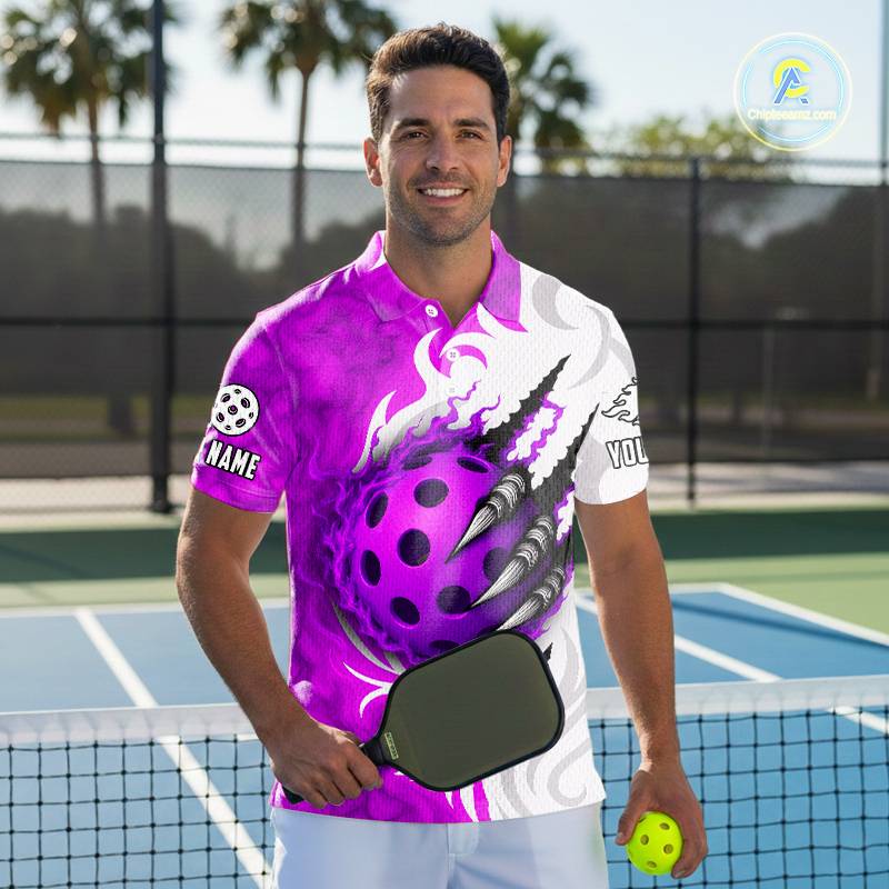 White & Purple Claw Scratches Pickleball Ball T-Shirt For Men Custom Pickleball Jerseys NYN2483