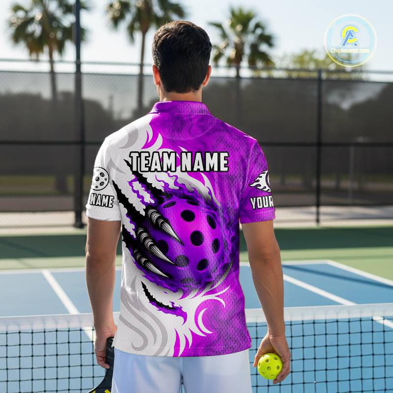 White & Purple Claw Scratches Pickleball Ball T-Shirt For Men Custom Pickleball Jerseys NYN2483