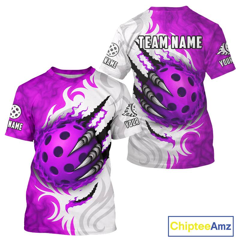 White & Purple Claw Scratches Pickleball Ball T-Shirt For Men Custom Pickleball Jerseys NYN2483