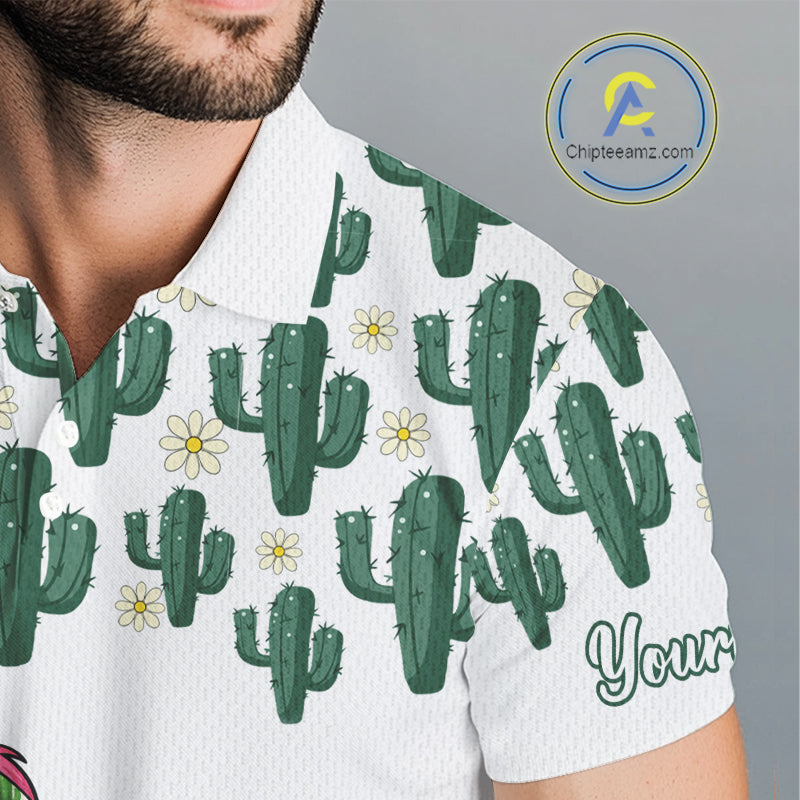 Personalized Green Cactus Flower Pattern Mens Golf Polo Shirts Custom Funny Flaming Golf Shirt NYN2837