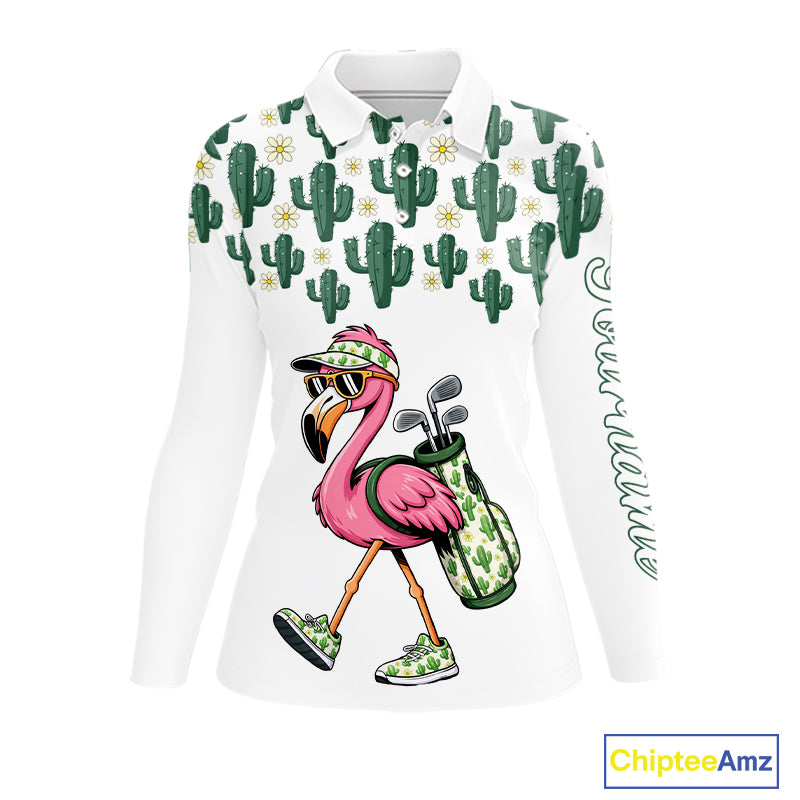 Personalized Green Cactus Flower Pattern Womens Golf Polo Shirts Custom Funny Flaming Golf Shirt NYN2837