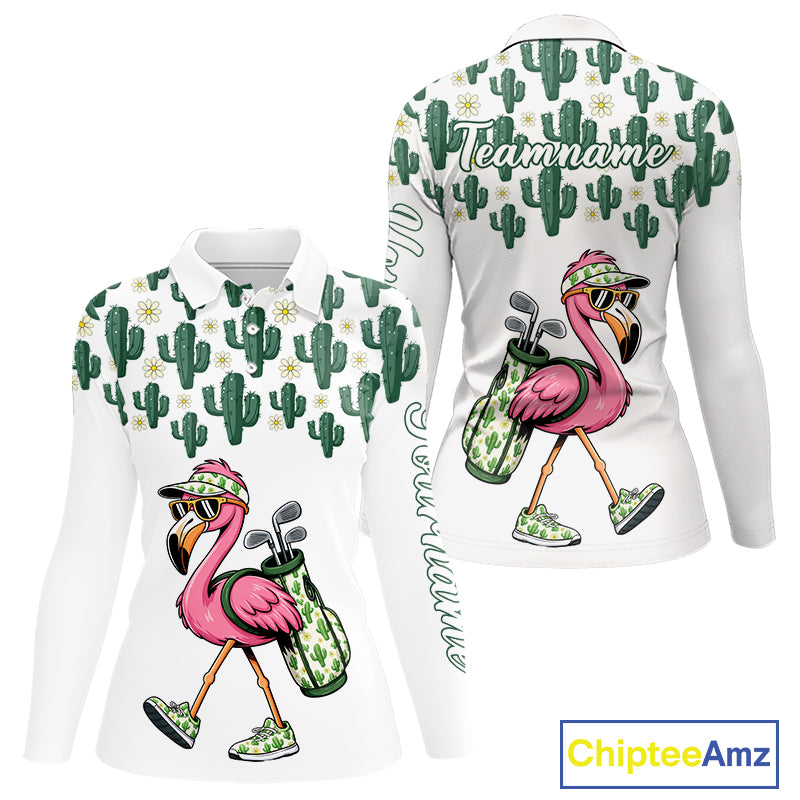 Personalized Green Cactus Flower Pattern Womens Golf Polo Shirts Custom Funny Flaming Golf Shirt NYN2837