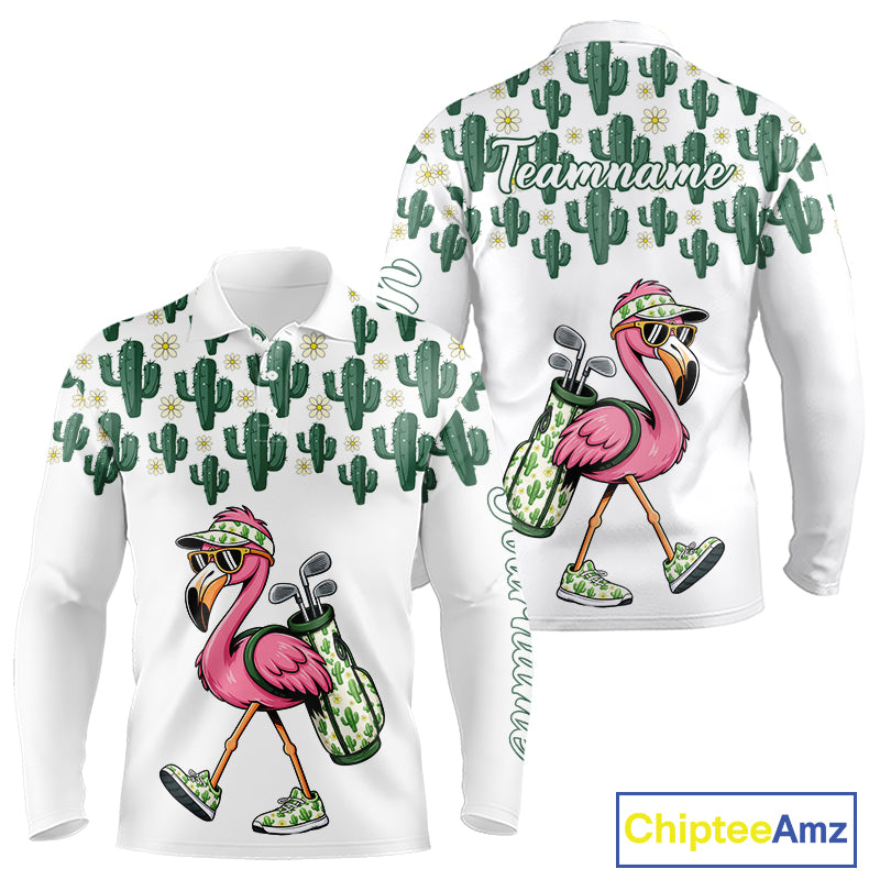 Personalized Green Cactus Flower Pattern Mens Golf Polo Shirts Custom Funny Flaming Golf Shirt NYN2837