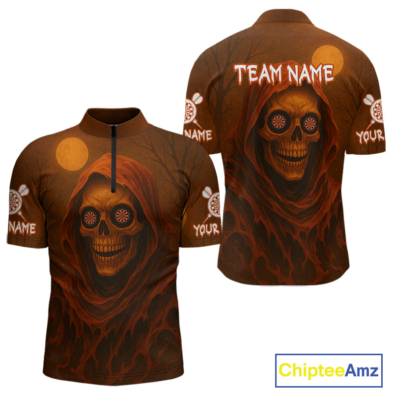 Custom Spooky Skull Dartboard Halloween Dart 1/4-Zip Jersey For Men Hallows’ Eve Dart Team Jerseys NYN1401