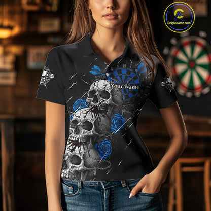 Custom Blue Roses Blood Dripping Skull Dartboard Women Darts Polo Shirt Dart Jerseys NYN1926