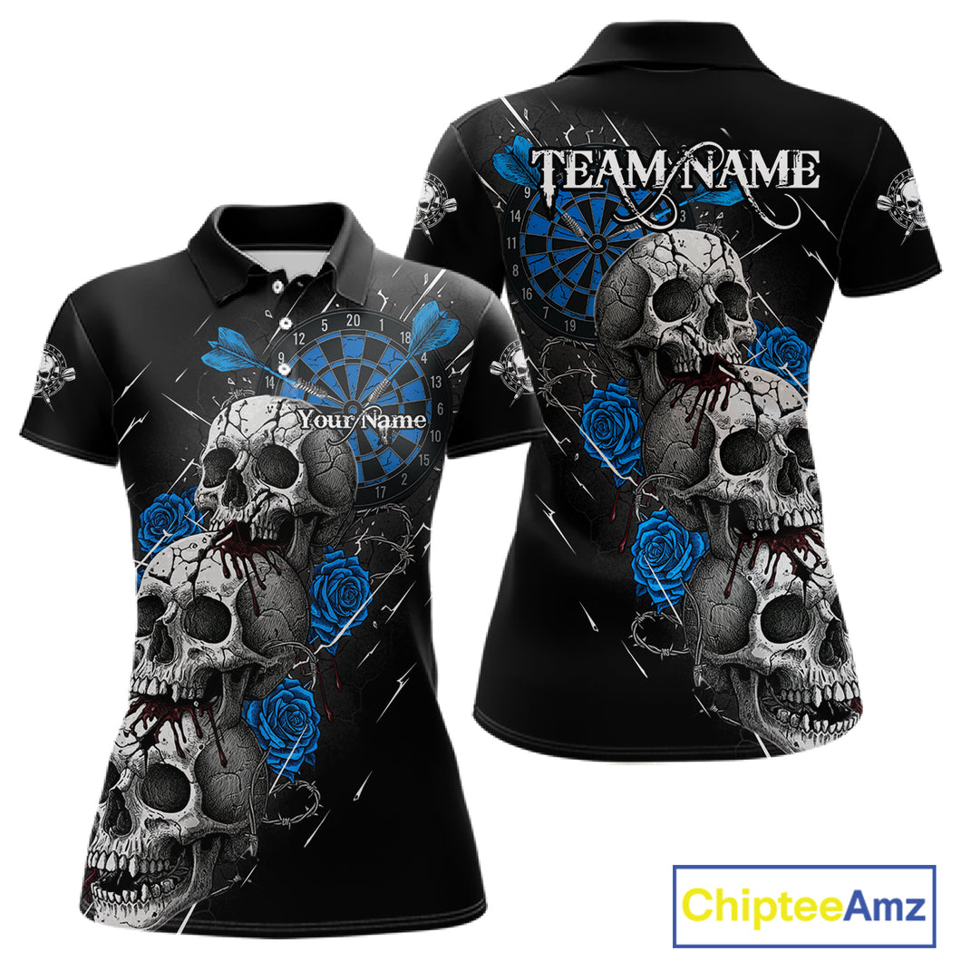 Custom Blue Roses Blood Dripping Skull Dartboard Women Darts Polo Shirt Dart Jerseys NYN1926