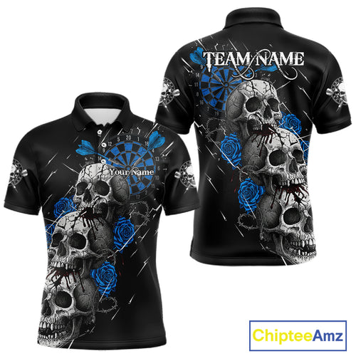 Custom Blue Roses Blood Dripping Skull Dartboard Men Darts Polo Shirt Dart Jerseys NYN1926
