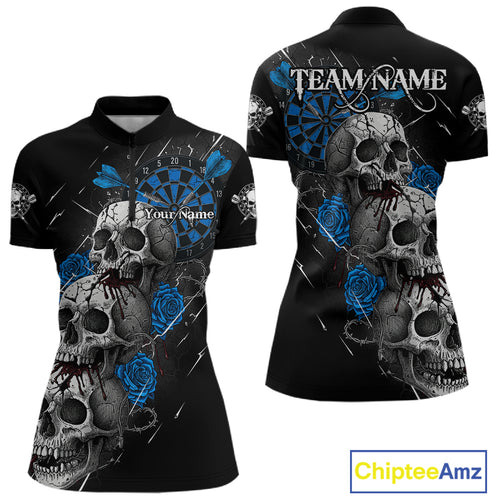 Custom Blue Roses Blood Dripping Skull Dartboard Women Darts Quarter-Zip Shirt Dart Jerseys NYN1926
