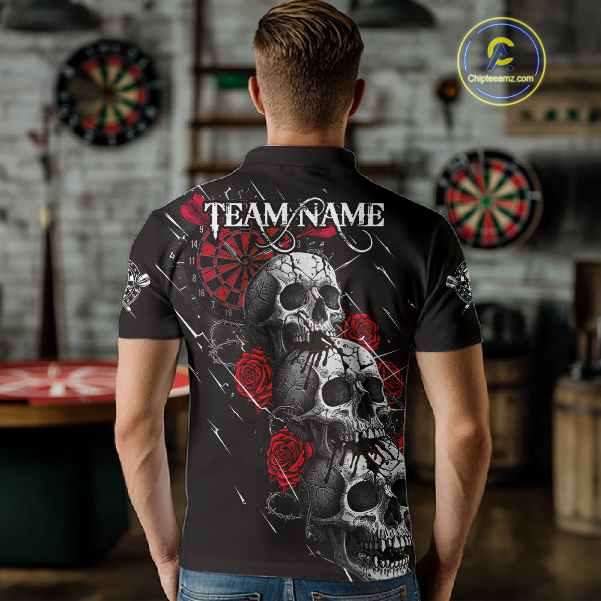 Custom Red Roses Blood Dripping Skull Dartboard Men Darts Polo Shirt  Dart Jerseys NYN1927