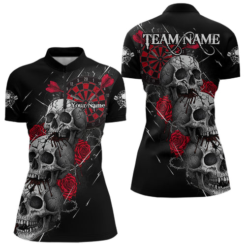 Custom Red Roses Blood Dripping Skull Dartboard Women Darts Quarter-Zip Shirt  Dart Jerseys NYN1927
