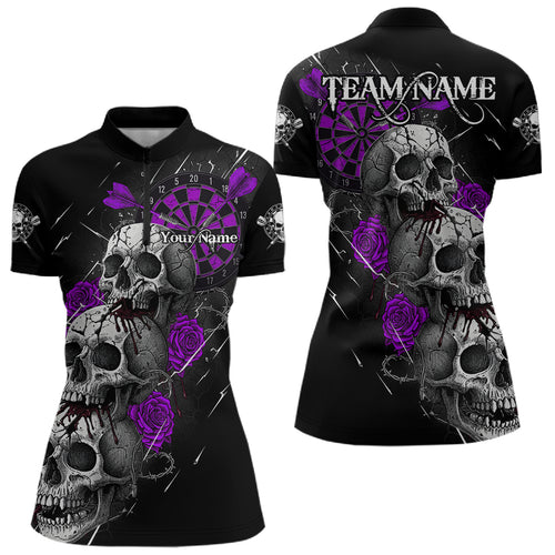 Custom Purple Roses Blood Dripping Skull Dartboard Women Darts Quarter-Zip Shirt  Dart Jerseys NYN1928