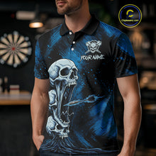 Load image into Gallery viewer, Custom Blue Grunge Creepy Skull Flame Dart Arrow Men Darts Polo Shirt Dart Jerseys NYN1938