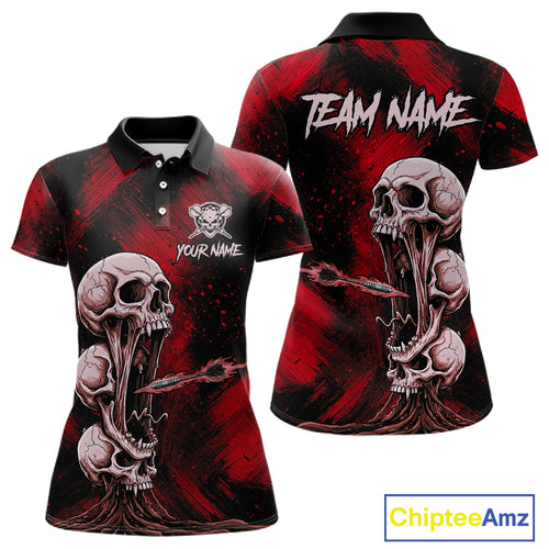 Custom Red Grunge Creepy Skull Flame Dart Arrow Women Darts Polo Shirt Dart Jerseys NYN1939