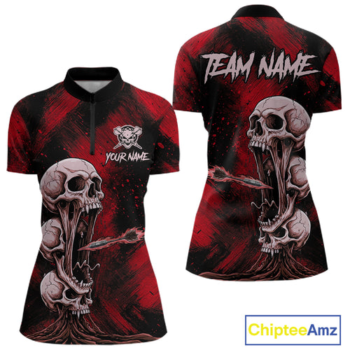 Custom Red Grunge Creepy Skull Flame Dart Arrow Women Darts Quarter-Zip Shirt Dart Jerseys NYN1939