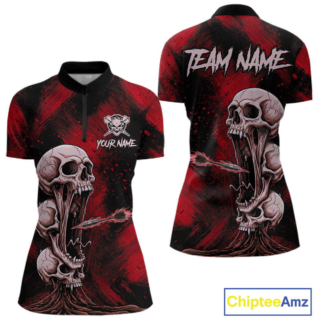 Custom Red Grunge Creepy Skull Flame Dart Arrow Women Darts Quarter-Zip Shirt Dart Jerseys NYN1939