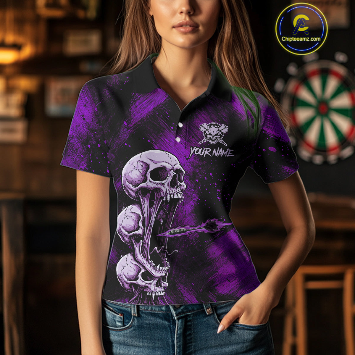 Custom Purple Grunge Creepy Skull Flame Dart Arrow Women Darts Polo Shirt Dart Jerseys NYN1940