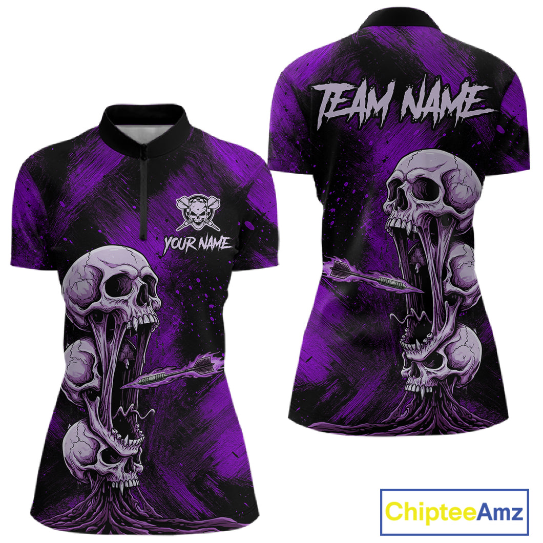 Custom Purple Grunge Creepy Skull Flame Dart Arrow Women Darts Quarter-Zip Shirt Dart Jerseys NYN1940