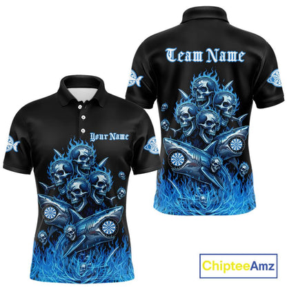 Custom Blue Flames Shark And Skull 3D Men Darts Polo League Shirts Funny Dart Jerseys NYN2203