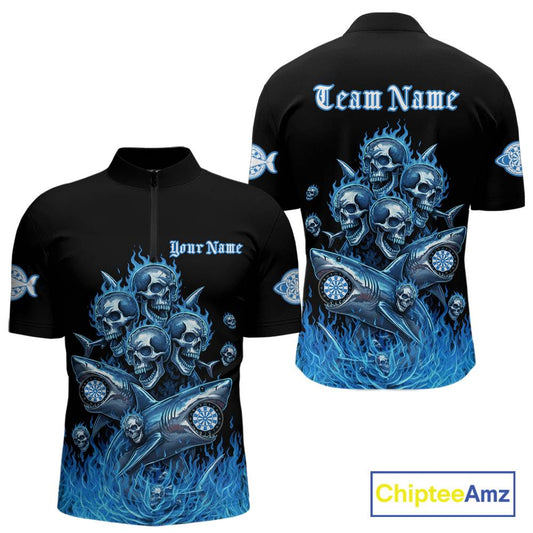 Custom Blue Flames Shark And Skull 3D Men Darts Quarter-Zip League Shirts Funny Dart Jerseys NYN2203