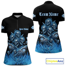 Load image into Gallery viewer, Custom Blue Flames Shark And Skull 3D Women Darts Quarter-Zip League Shirts Funny Dart Jerseys NYN2203