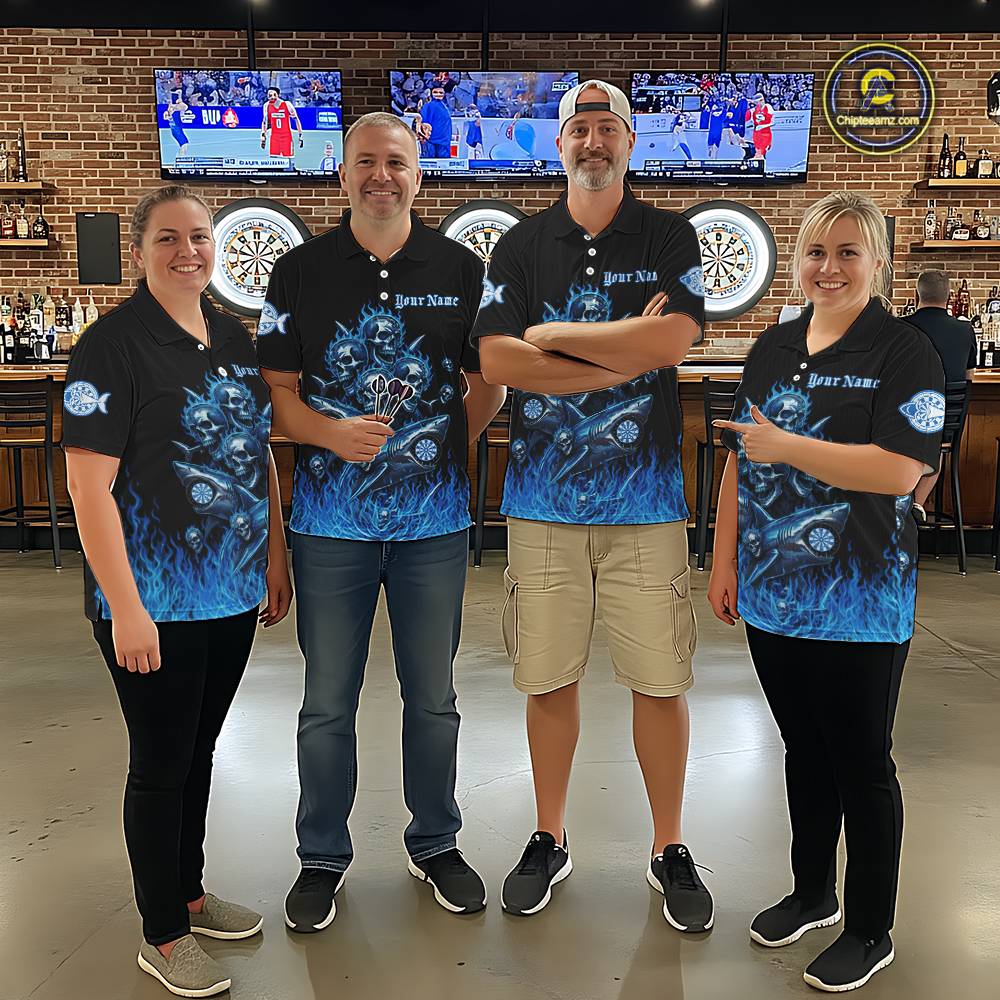 Custom Blue Flames Shark And Skull 3D Women Darts Polo League Shirts Funny Dart Jerseys NYN2203