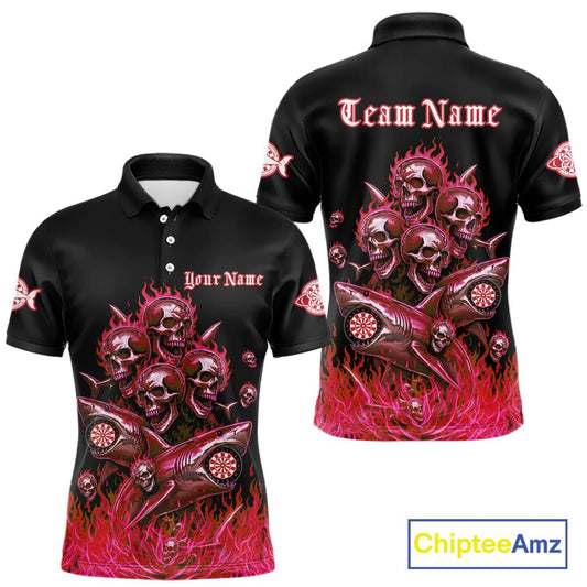 Custom Red Flames Shark And Skull 3D Men Darts Polo League Shirts Funny Dart Jerseys NYN2204