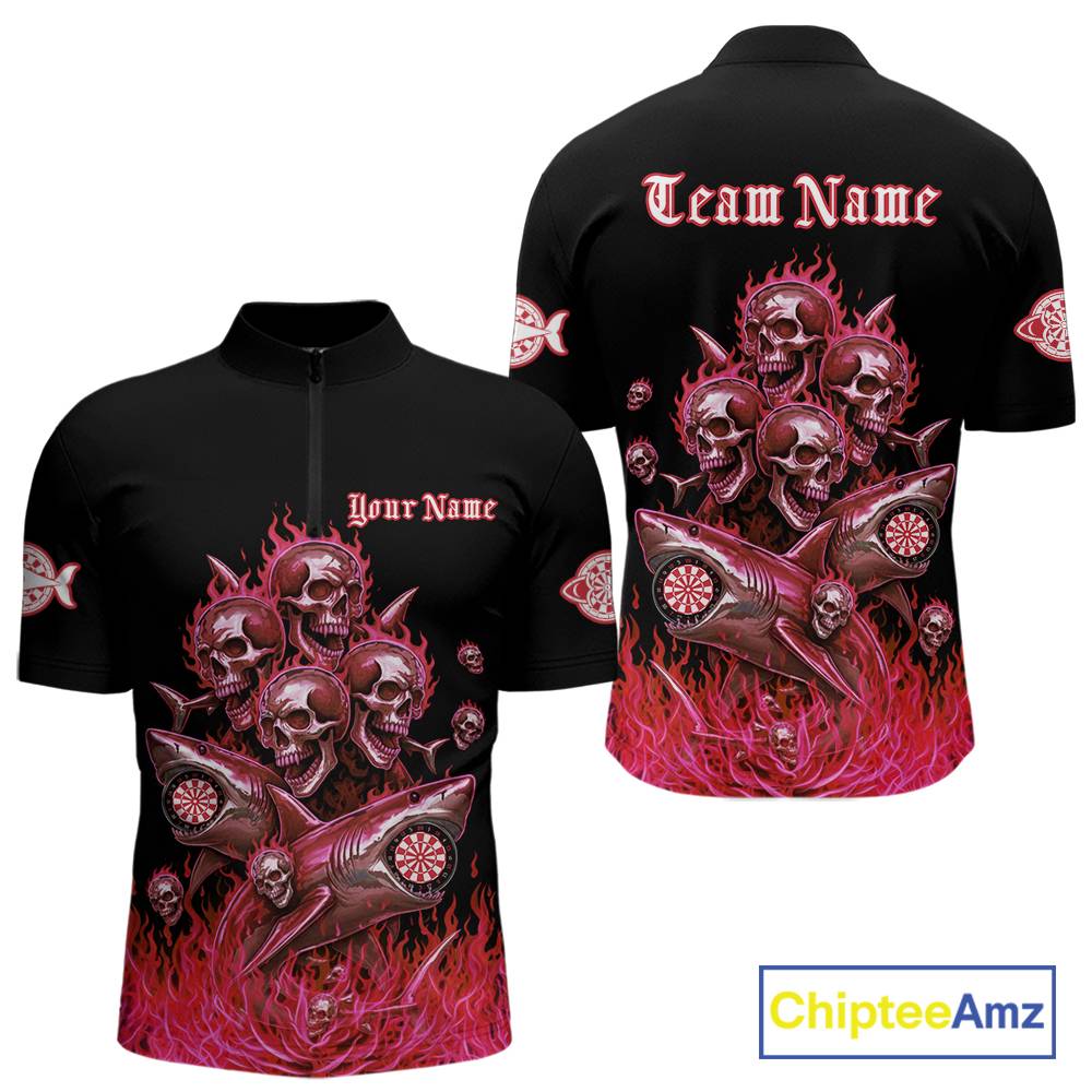 Custom Red Flames Shark And Skull 3D Men Darts Quarter-Zip League Shirts Funny Dart Jerseys NYN2204