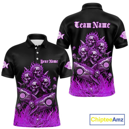 Custom Purple Flames Shark And Skull 3D Men Darts Polo League Shirts Funny Dart Jerseys NYN2205