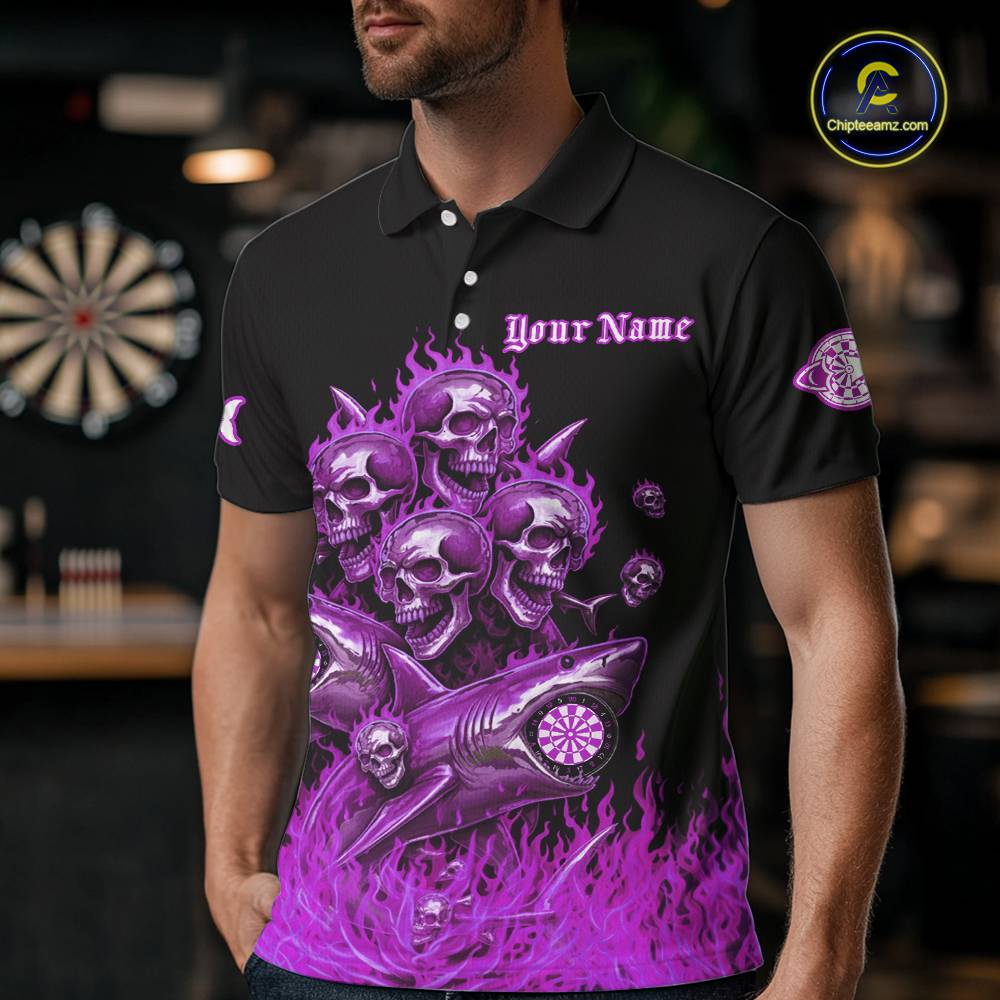 Custom Purple Flames Shark And Skull 3D Men Darts Polo League Shirts Funny Dart Jerseys NYN2205