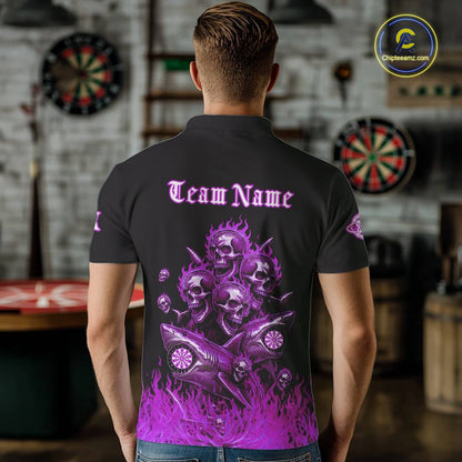 Custom Purple Flames Shark And Skull 3D Men Darts Polo League Shirts Funny Dart Jerseys NYN2205