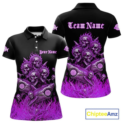 Custom Purple Flames Shark And Skull 3D Women Darts Polo League Shirts Funny Dart Jerseys NYN2205