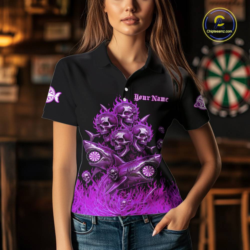 Custom Purple Flames Shark And Skull 3D Women Darts Polo League Shirts Funny Dart Jerseys NYN2205